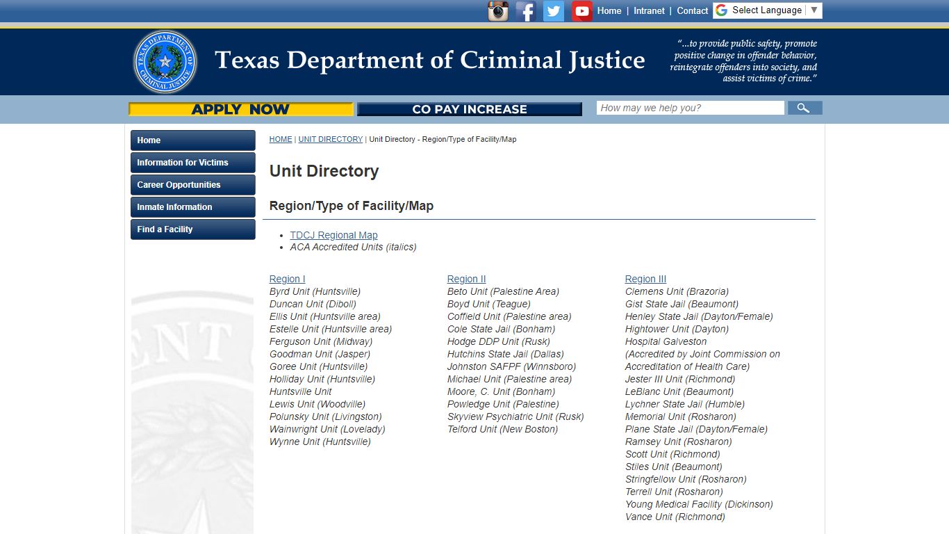 Unit Directory - Region/Type of Facility/Map - Texas Department of ...